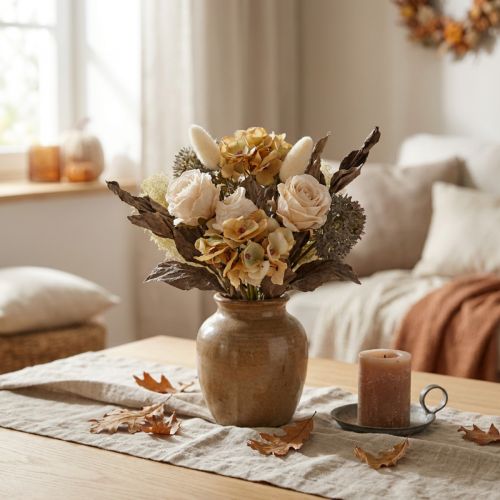 Kunstig blomsterbukett, rose, hortensia, tørt utseende, vintage dekorasjon, 38 cm | Floristik24.no