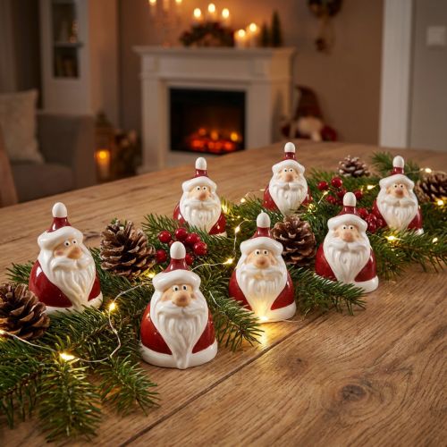 Keramisk julenissefigur, rød og hvit, 6,4cm – Festlig julepynt – 6 stk. | Floristik24.no