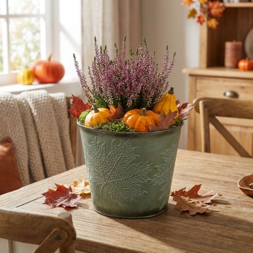 Plantekrukke med høstdekorasjon, metallpynt, høstplanter grønn Ø18,5cm H17cm | Floristik24.no