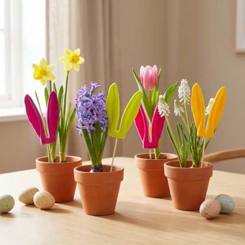 Kaninører, flokket påskedekorasjon på pinne som stemningsfulle blomsterpikker 31 cm 4 stk | Floristik24.no