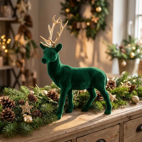 Hjort stående deco figur grønt gull bordpynt advent 27cm | Floristik24.no