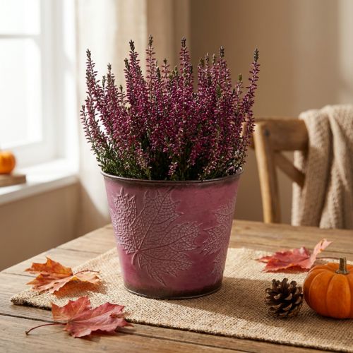 Plantekrukke med bladdekor, høstdekor, metallpotte vinrød Ø16,5 cm H14,5 cm | Floristik24.no