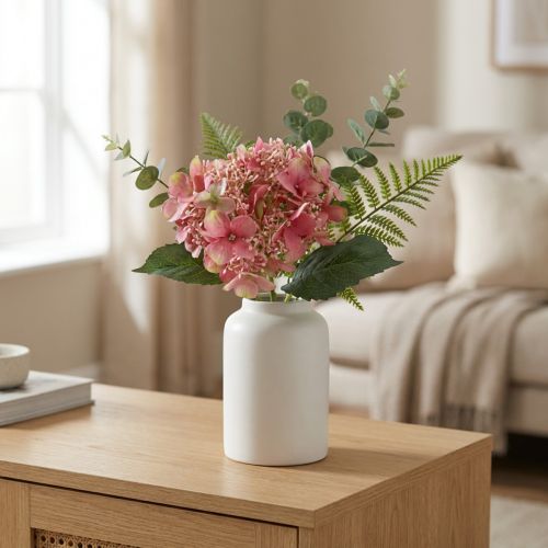 Hortensia kunstig rosa og grønn hageblomst med knopper 52cm | Floristik24.no