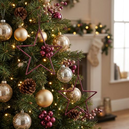 Dekorativ juledekorasjon med stjernebær og glitter, Ø18 cm, sett med 8 deler | Floristik24.no