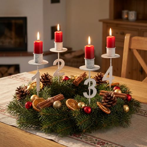 Lysholder advent med torn og tall hvit H11cm 4 stk | Floristik24.no