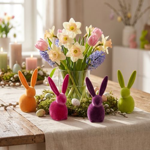 Små sittende påskeharer, fargerikt flokket, 13 cm, 8 stk. | Floristik24.no