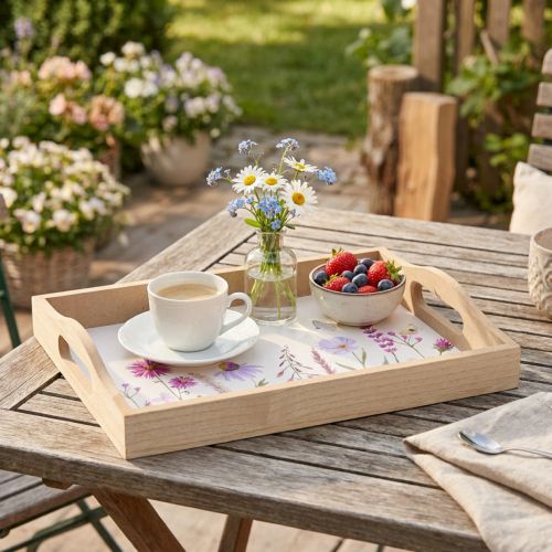 Rektangulært trebrett, naturlige blomster, sommerfugl, L35 cm | Floristik24.no