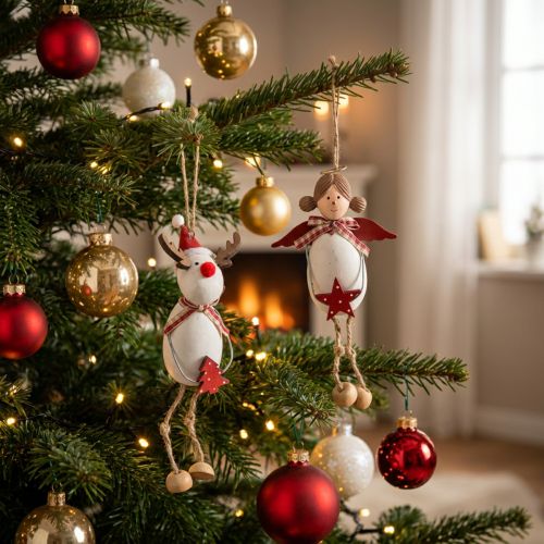 Julefigurer, engel og reinsdyr, til oppheng, hvit, rød, Ø4,7 cm, H20/18 cm, 2 stk. | Floristik24.no