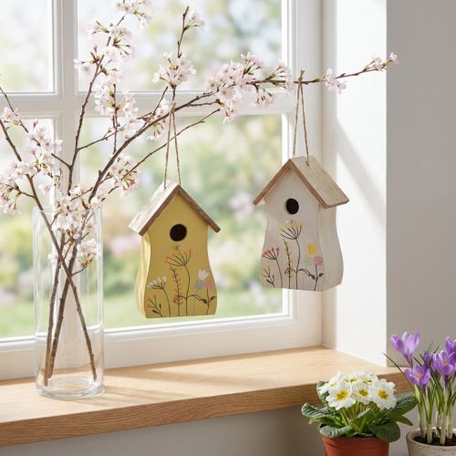 Dekor for oppheng av fuglehus tre hvit gul 13cm 2 stk | Floristik24.no
