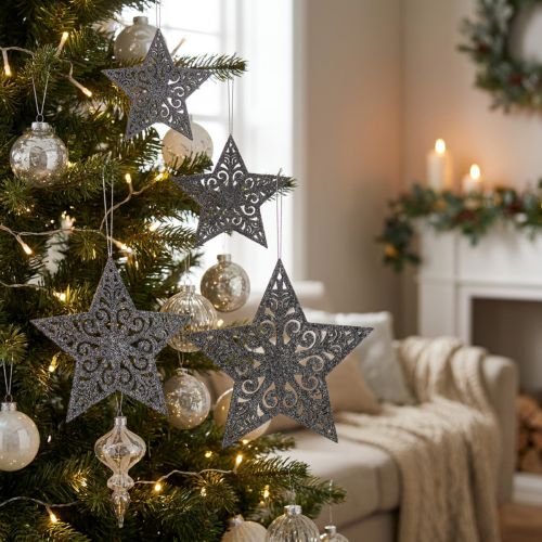 Julestjerne med ornamenter sølvgrå assortert 8cm - 12cm 9 stk | Floristik24.no