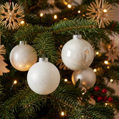 Snøkule, treanheng, juletrepynt, vinterdekorasjon hvit H6,5cm Ø6cm ekte glass 24 stk. | Floristik24.no
