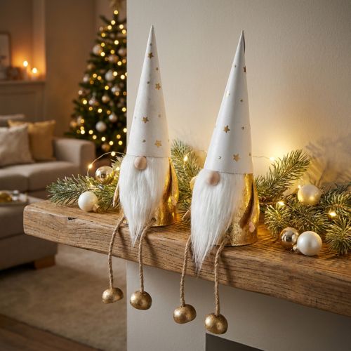 Gnome juledekorasjonsfigur hvit, gull Ø6,5cm H22cm 2 stk | Floristik24.no