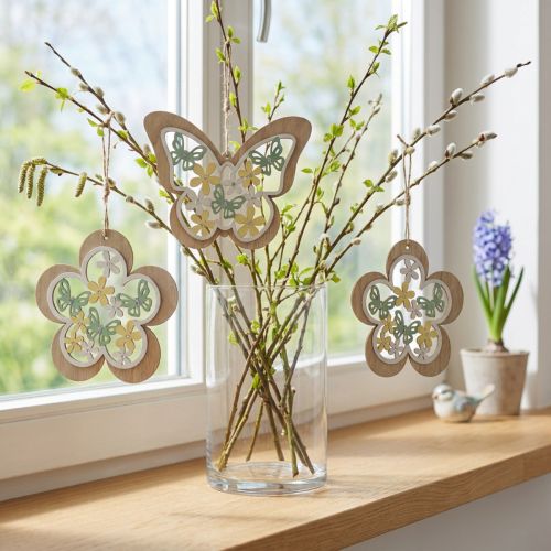 Sommerfugl til å henge, anhengsblomst i tre, vårdekorasjon med glitter H11/14,5cm 4stk | Floristik24.no