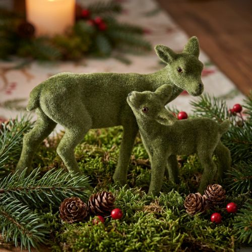 Hjort dekorative figurer Julegrønn flokket hjort med fawn i sett H9/5,5cm 4 stk. | Floristik24.no