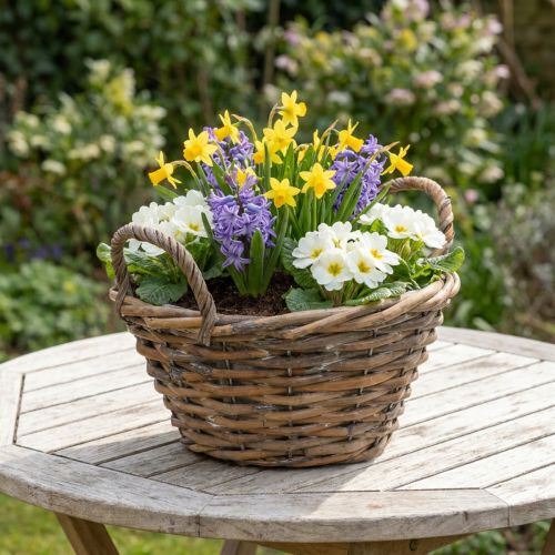 Blomsterdekor, trekurv med håndtak, naturlig plantekasse, hvitvasket H12cm Ø24cm | Floristik24.no