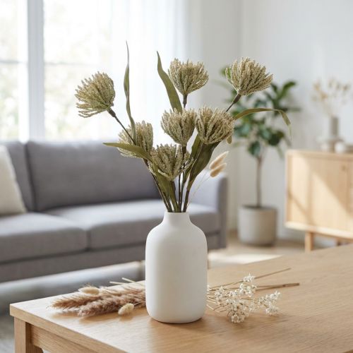 Kunstig blomst med 6 blomster flokket beigegrønt knippe på 3 H38cm | Floristik24.no