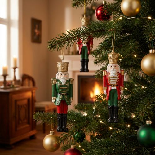 Nøtteknekker-anheng julepynt 4-delers sett, rød grønn gull, 10 cm | Floristik24.no