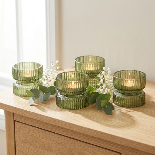 Telysholdere i glass, dekorative, ribbet, grønne, Ø9 cm, H7 cm, 4 stk. | Floristik24.no