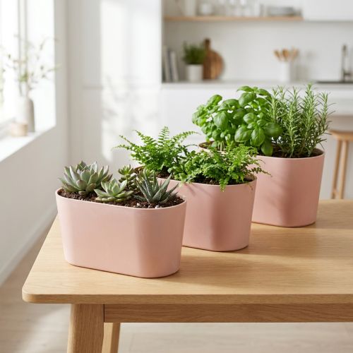 gjenstander Planteskål oval pynteskål plast rosa brun 20×10×11cm 3stk