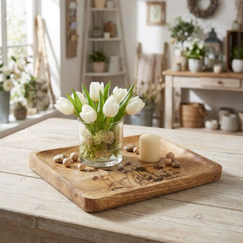 Dekorativt brett laget av mangotre med blomstermønster, brett 25×20 cm | Floristik24.no