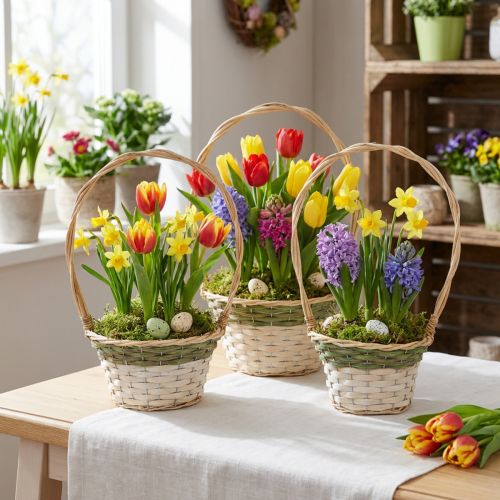 Blomsterkurv Henkel Naturgrønn Grå Hvit Ø18–26cm Sett med 3 | Floristik24.no