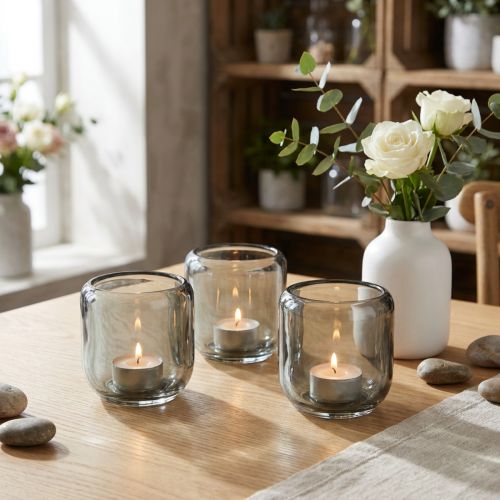 Telysholdere i glass i grått med ribbet design, 8 cm, 6 stk. | Floristik24.no
