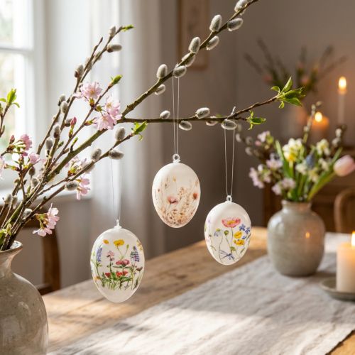 Påskeegg med vår- og blomstermotiver, påskedekorasjon av høy kvalitet, 6 cm, 6 stk. | Floristik24.no