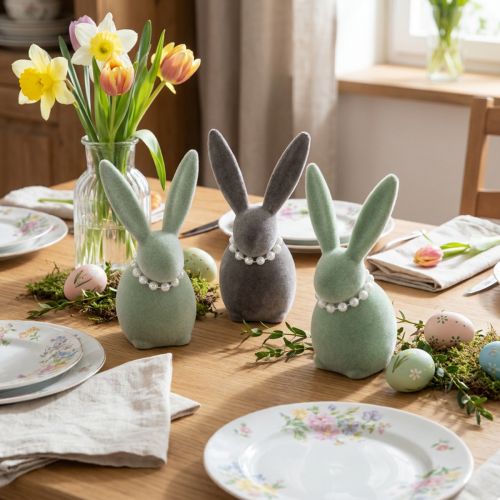 Påskeharepynt med perlekjede, hare til stue og påskebord, 13 cm, 3 stk. | Floristik24.no