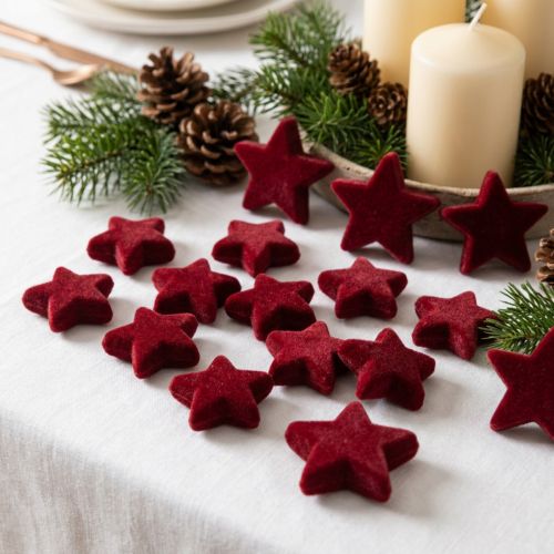 Julepynt, stjerner, bordeaux flokket, borddekorasjon, 4-5 cm, 40 stk. | Floristik24.no