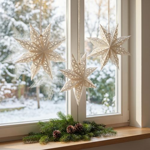 Dekorative kleshengere med stjernemotiv, hvitt papir, Ø20 cm, sett med 6 | Floristik24.no