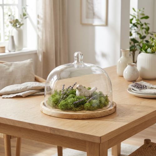 Glasskuppel med treplate dekorasjon ostekuppel Ø22cm H16,5cm | Floristik24.no
