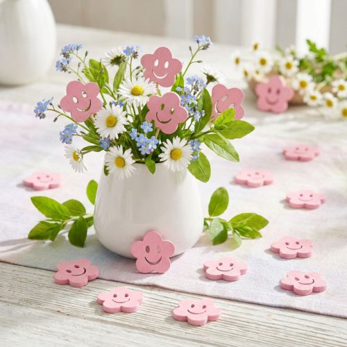 gjenstander Treblomst med ansikt rosa 2,5cm 48 stk