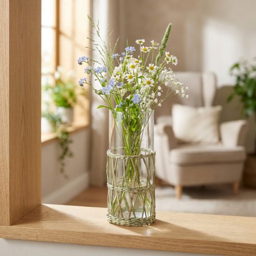 Glassvase sylinder flettet gress dekorativ vase Ø8cm H21,5cm | Floristik24.no