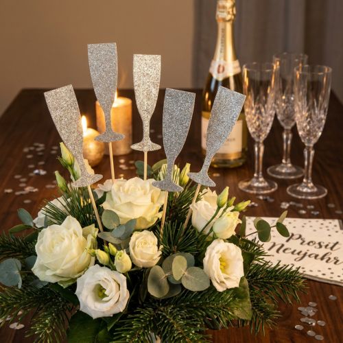 gjenstander Nyttårsaften dekorasjon champagneglass sølv blomsterplugger 9cm 18 stk