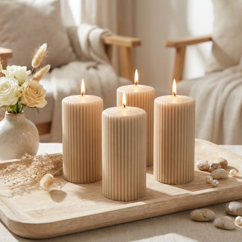 Søylelys, beige, rillet, 70/130 mm, 4 stk. | Floristik24.no