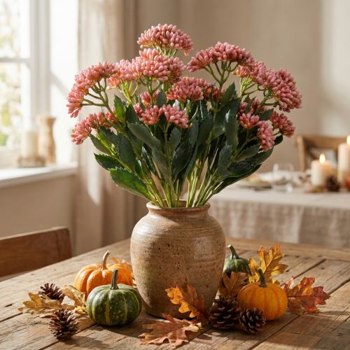 gjenstander Kunstig Fat Høne Sedum Stonecrop blomstrende rosa 47cm 3stk