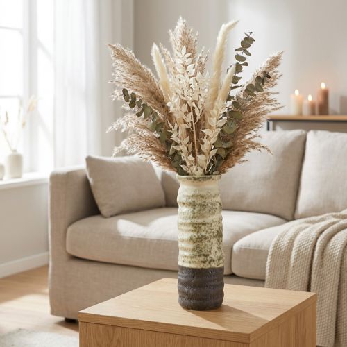 Keramikkvase for tørkede blomster, krem, grågrønn, H34 cm | Floristik24.no