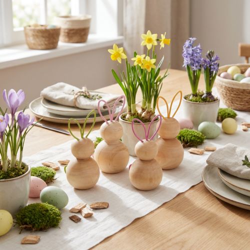 Dekorativ trefigur av kanin med ståltrådører til moderne påskepynt, 11 cm, 4 deler | Floristik24.no