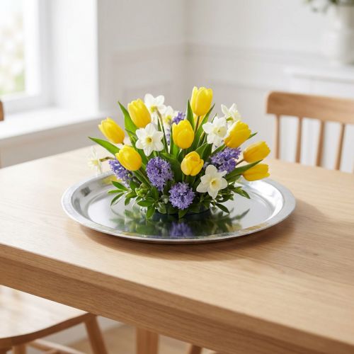 Dekorativ plate metall sølv skinnende Ø34cm H3cm | Floristik24.no