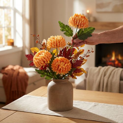 Kunstig krysantemum oransje blomst Ø7cm 18cm 4 stk | Floristik24.no