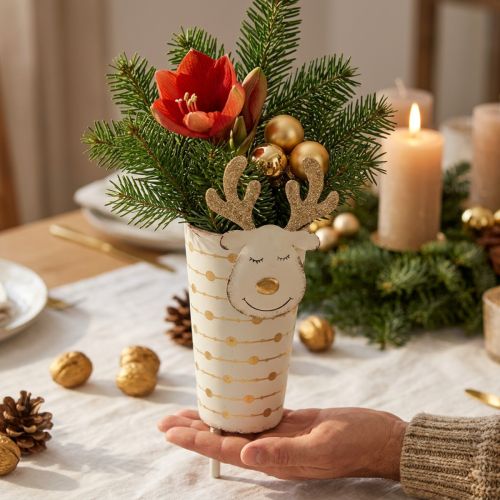 Reinsdyrplantekrukke, adventsdekor, metalldekor, plantekasse til jul hvit, gylden H28cm Ø8,5cm | Floristik24.no