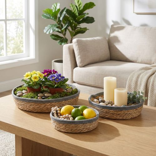 Rundt kurvbrettsett, naturlig, vevde planteskåler og dekorativt brett, 3-delers sett Ø33/30/25cm H8/7cm | Floristik24.no