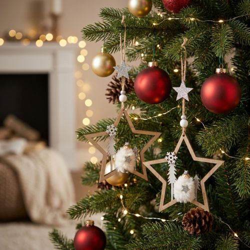 Julepynt stjerne deco henger i tre Ø13,5cm 4stk | Floristik24.no