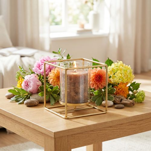 Dekorativ lysestake gull metall lanterne glass 12×12×13cm | Floristik24.no