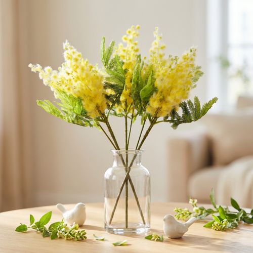 gjenstander Kunstig plante Sølv Akasie Mimosa Gul Blomstrende 53cm 3 Stk