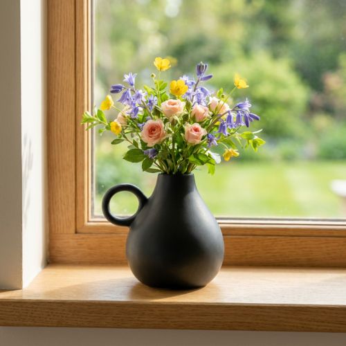 Mini keramikkvase svart håndtak keramisk dekorasjon H8,5cm | Floristik24.no