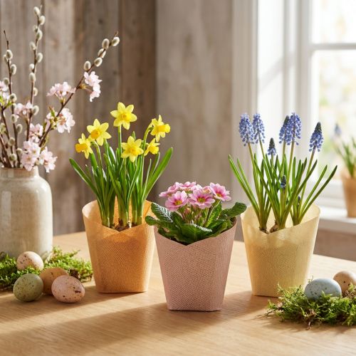 Plantekar papir vevd vanilje, oransje, rosa Ø7cm H13cm 12 stk | Floristik24.no