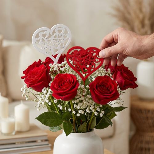 Blomsterplugg hjerte rød, hvit pynteplugg Valentinsdag 7cm 12stk | Floristik24.no