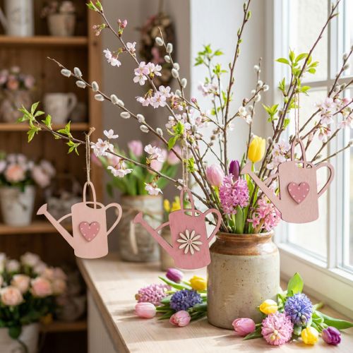 Hengende dekorasjon tre vannkanne deco rosa deco henger 14x12cm 6stk | Floristik24.no