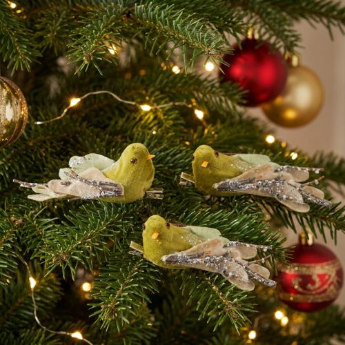 Juledekorasjonsfugl på klips, grønn, glitter, 12 cm, 6 stk assortert | Floristik24.no